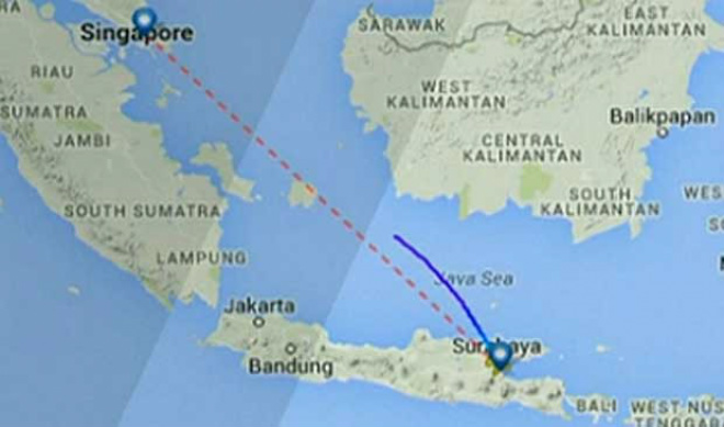 Mapa da rota e suposto local do desaparecimento do voo QZ-8501 da AirAsia. (Foto: Reprodução / GloboNews)