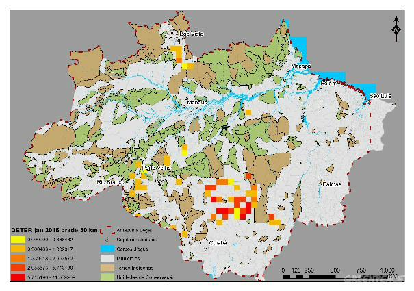 Alertas de desmatamento e degradação florestal para janeiro de 2015, agregados em uma grade regular de 50 km X 50 km e em unidades censitárias. 