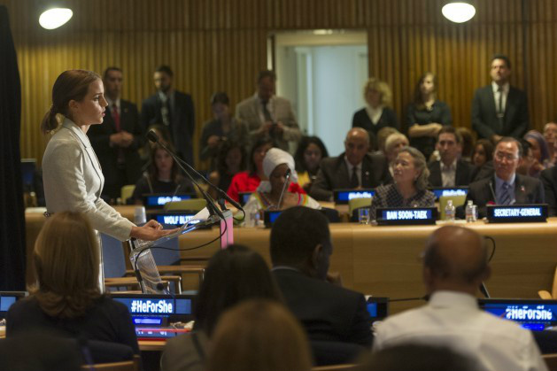 A atriz britânica e embaixadora da boa vontade da ONU Mulheres, Emma Watson, fala na Organização das Nações Unidas (ONU), em setembro de 2104. Foto: Mark Garten/ONU 