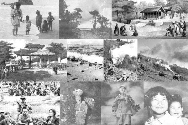 Okinawa antigo 1ª fila: uma ilha de Natureza exuberante, com gentios intelectualizados e uma população pobre, mas equilibrada e de muitos sonhos; 2ª fila: a chegada dos europeus e norte-americanos à “ilha da gentileza” (~1803-57) buscando alternativas políticas e econômicas no sudeste asiático; 1º de Abril de 1945, desembarque e invasão de Okinawa pelo poderoso exército norte-americano na destruição do imperialismo nipônico, mas que foi um holocausto para a população de Okinawa com perda de 150 mil civis, 1/3 da população. 3ª fila: os sobreviventes, sem entender o porquê, voltam a sonhar com um futuro melhor através do trabalho e alegria dos inocentes. (Acervo Família Shinzato).
