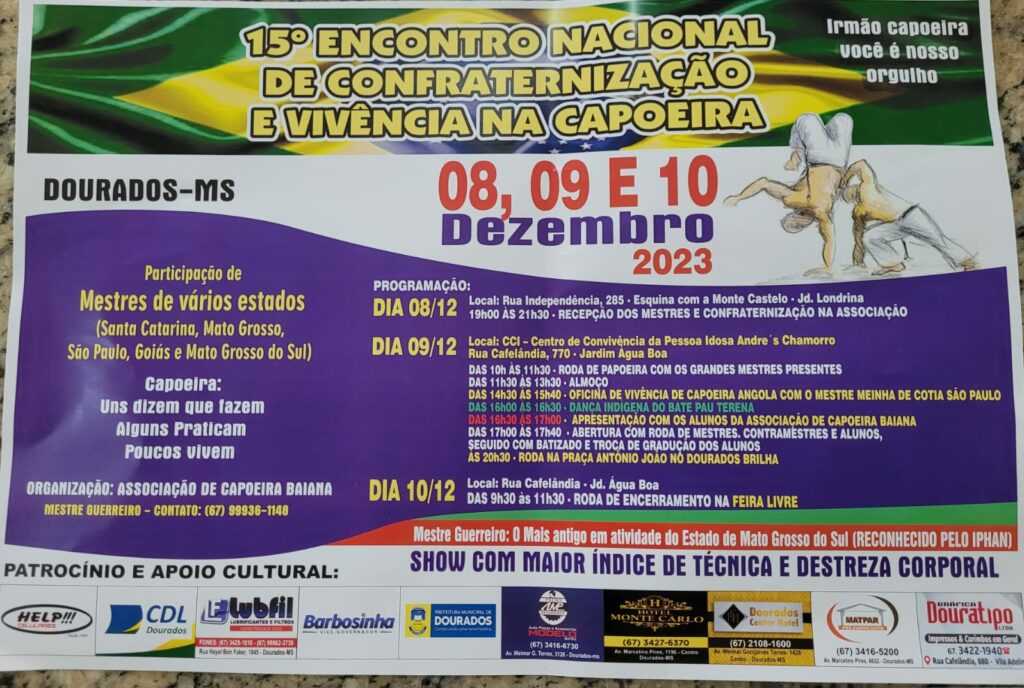 15º Encontro Nacional de Capoeira será de 8 a 10 dezembro em Dourados
