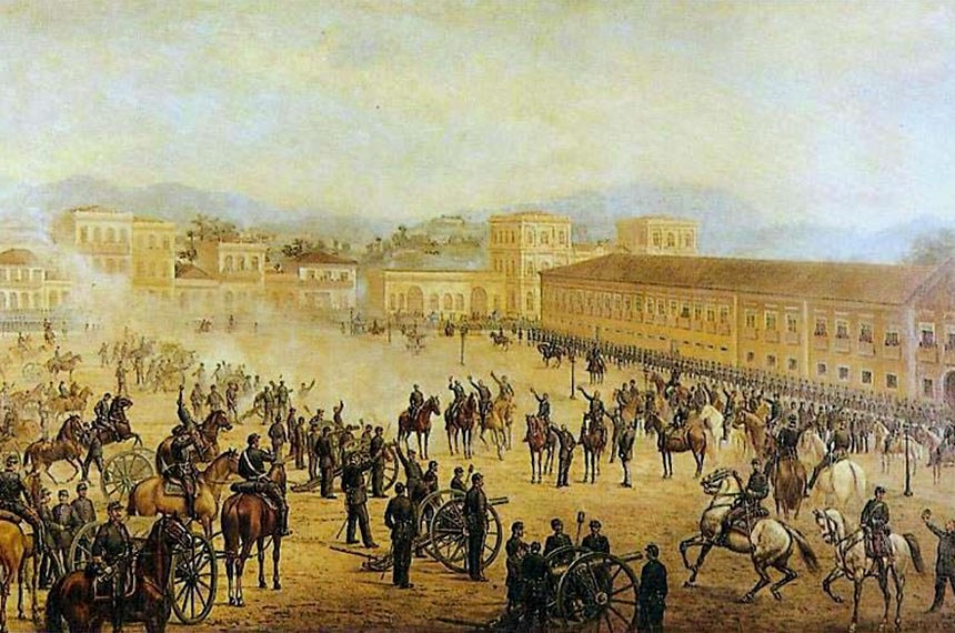Pintura de Benedito Calixto retrata a Proclamação da República, em 15 de novembro de 1889, liderada pelo marechal Deodoro da FonsecaReprodução