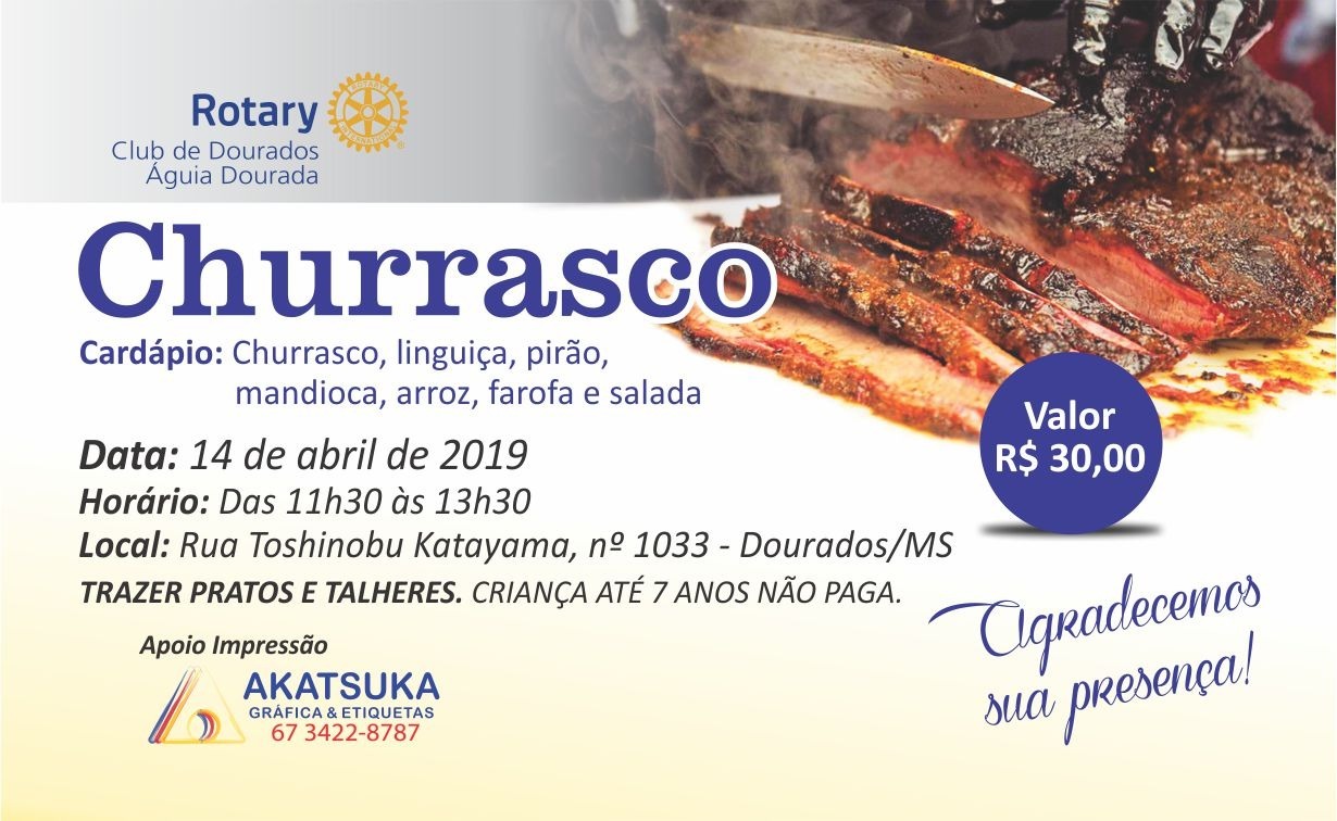 Rotary Club de Dourados (Águia Dourada) promove churrasco beneficente dia 14