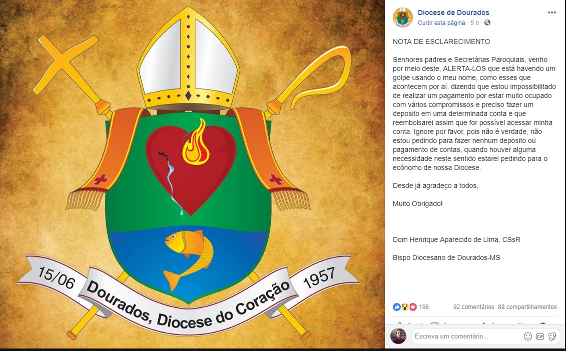 Postagem na página da Diocese de Dourados