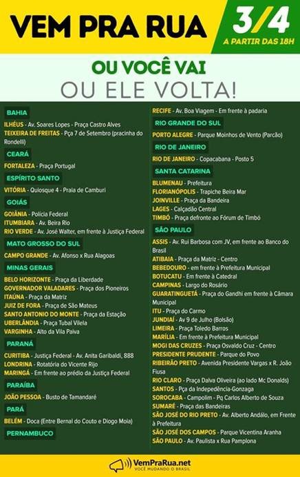 Vem Pra Rua convoca atos em todo Brasil para 3 de abril